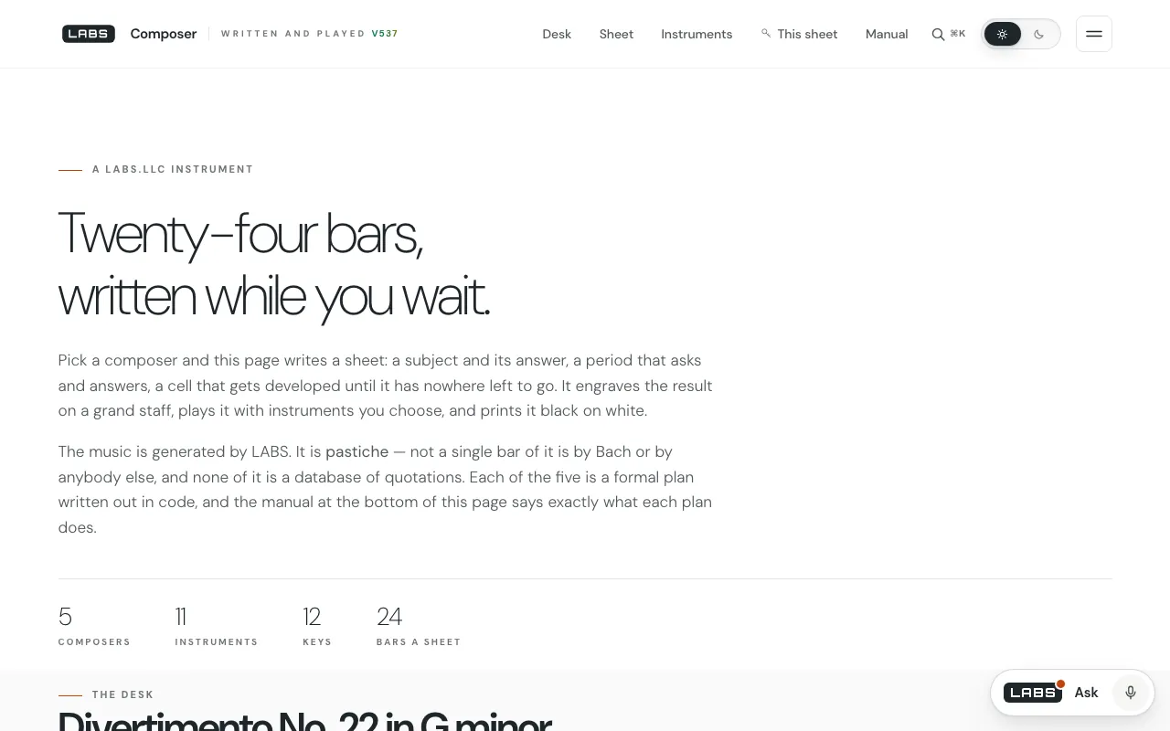 The Composer page on labs.llc: the headline “Twenty-four bars, written while you wait.”, a paragraph explaining the music is pastiche generated by LABS, and a row of figures reading 5 composers, 11 instruments, 12 keys and 24 bars a sheet.